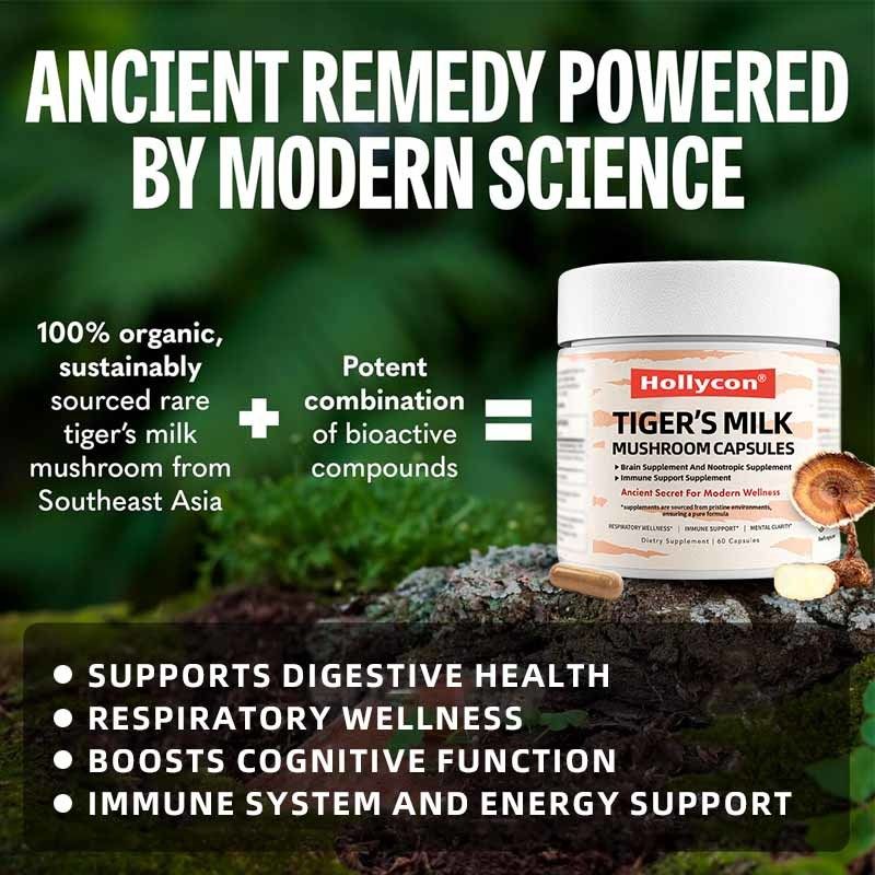 Пищевая добавка с грибами для роста волос, здоровья кишечника, пищеварения, мозга, легких, когнитивных функций, дыхательной системы. Капсулы с тигровым молочным грибом