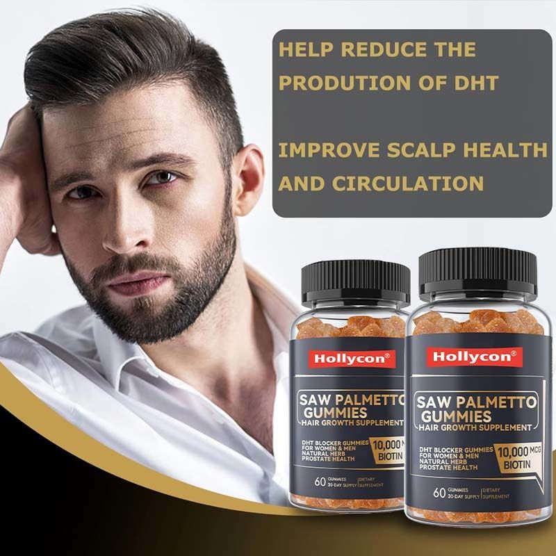 Производственная добавка для роста волос для женщин и мужчин Блокировщик DHT Гумы поддерживают гормональный баланс Здоровье простаты Saw Palmetto Gummies
