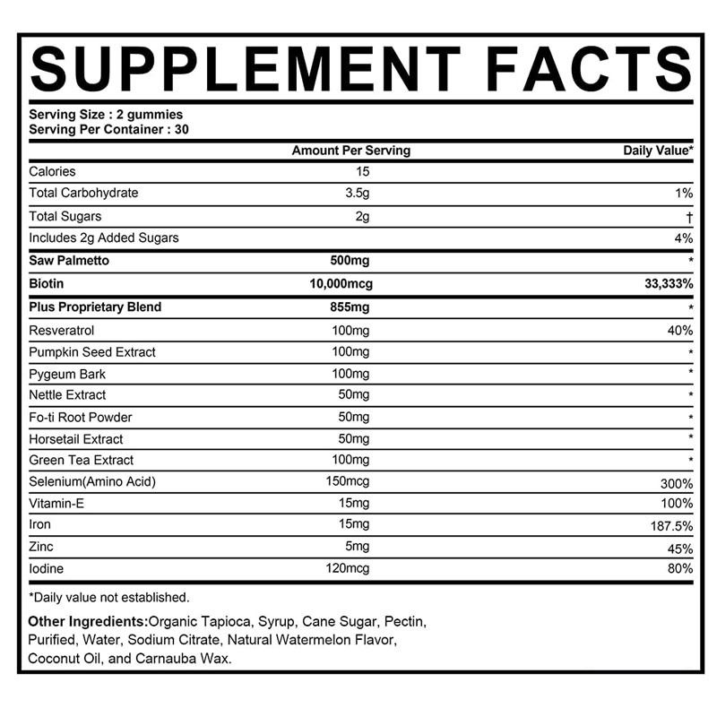Производственная добавка для роста волос для женщин и мужчин Блокировщик DHT Гумы поддерживают гормональный баланс Здоровье простаты Saw Palmetto Gummies