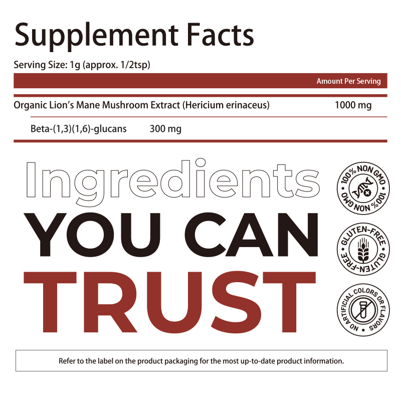 Органическая добавка львиной гривы в порошке с 100% экстрактом плодового тела и 30% бета-глюканами для когнитивной поддержки - 150 грамм в мешок