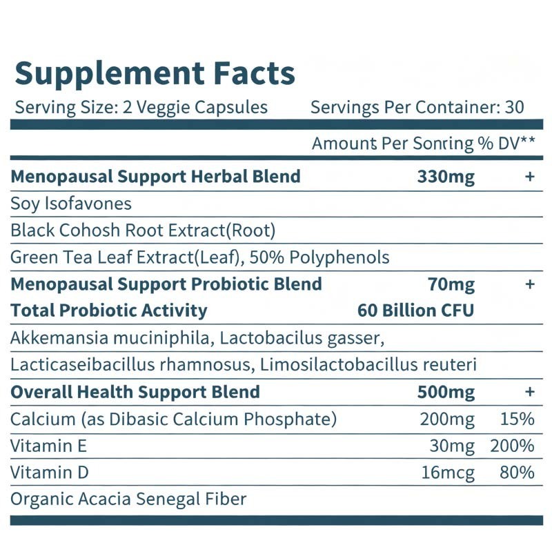 OEM / ODM Пробиотические добавки для женщин при менопаузе заводского производства - 60 миллиардов КОЕ Пробиотики Akkermansia для гормонального баланса, ночной потливости, облегчения приливов, здоровья кишечника, индивидуальная формула