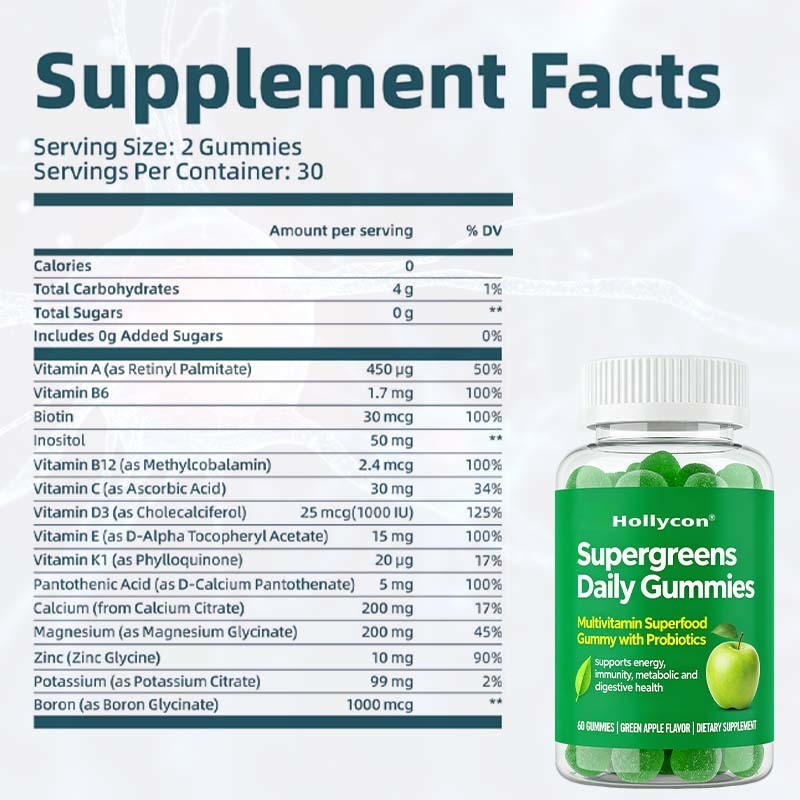 OEM / ODM 61-in-1 Supergreens Daily Gummies for Women and Men, Multivitamin Superfood Gummy with Probiotics for Metabolic, Energy, and Digestive Health, Sugar Free, Green Apple Flavor