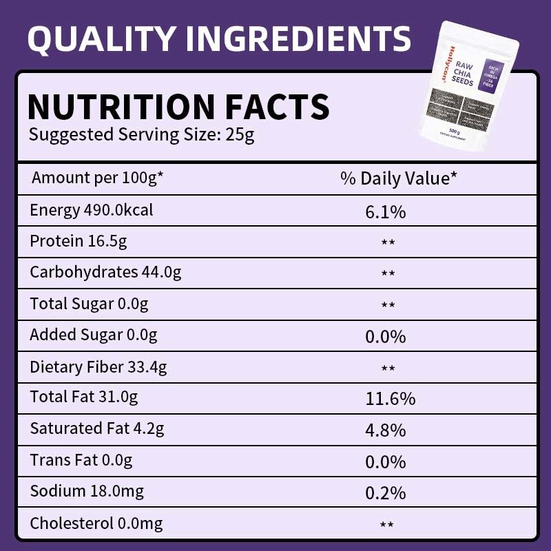 OEM / ODM Семена чиа 500 г, упаковка 1 I Семена для еды | Семена для контроля веса | Богаты кальцием, белком и клетчаткой, без добавления сахара, индивидуальная формула