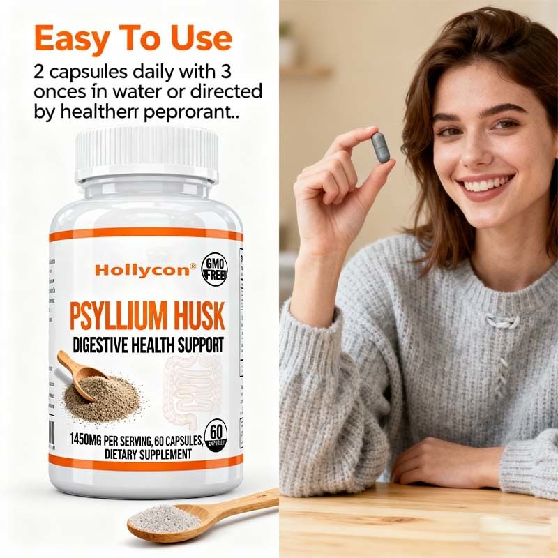 Капсулы Psyllium Husk 60 подсчет Добавка для поддержки кишечника и толстой кишки Способствует здоровью пищеварения и регулярности Не ГМО, высоковолокнистая формула частный ярлык, OEM доступен, заводская цена