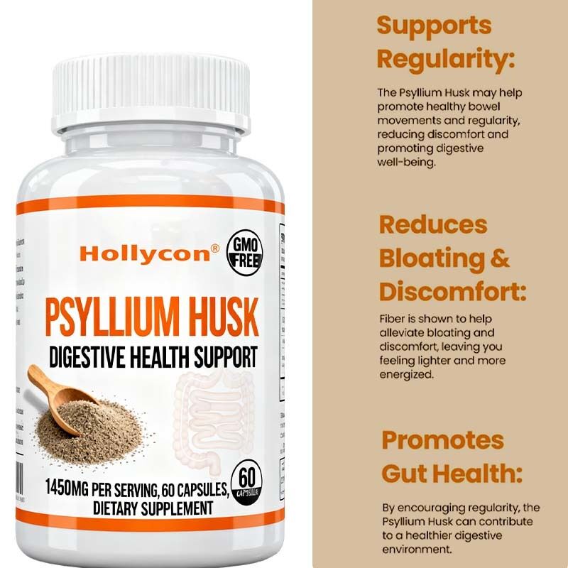 Капсулы Psyllium Husk 60 подсчет Добавка для поддержки кишечника и толстой кишки Способствует здоровью пищеварения и регулярности Не ГМО, высоковолокнистая формула частный ярлык, OEM доступен, заводская цена