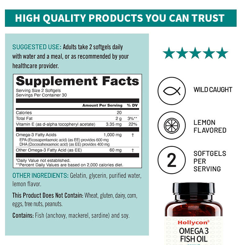 OEM Омега-3 добавка 1000 мг на порцию 600 EPA & 400 DHA и витамина E Поддержка здоровья сердца и мозга Омега-3 рыбьего жира