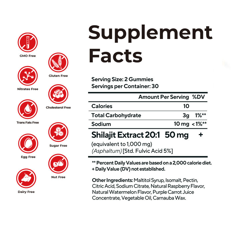 Частный маркировка Шилажит Мужские резинки Фулвиновая кислота Без сахара Добавка поддерживает нормальный уровень энергии и иммунную функцию